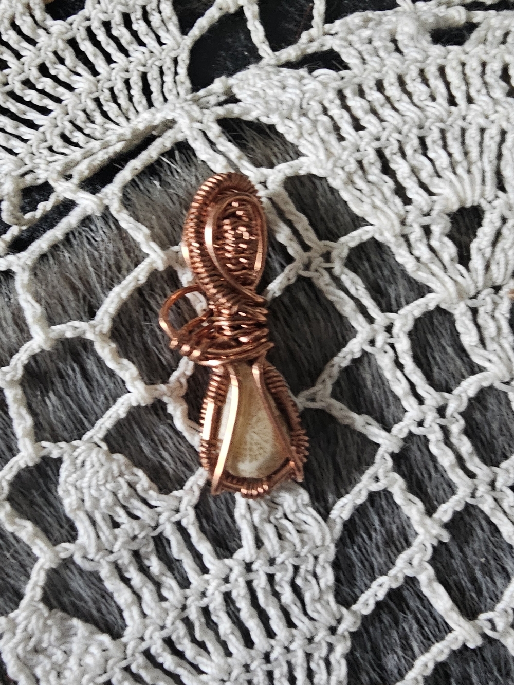 Handcrafted Copper Wire Wrapped Cream Stone Pendant